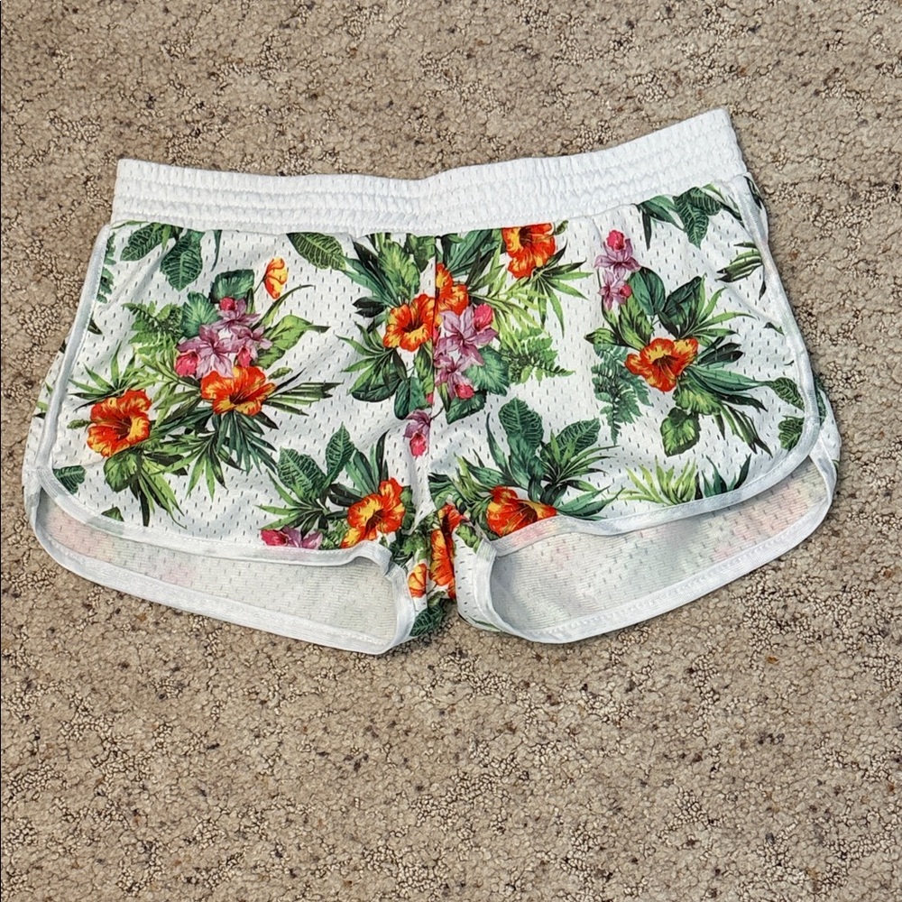 White Floral Athletic Shorts for Women - Lightweight Mesh Running Shorts